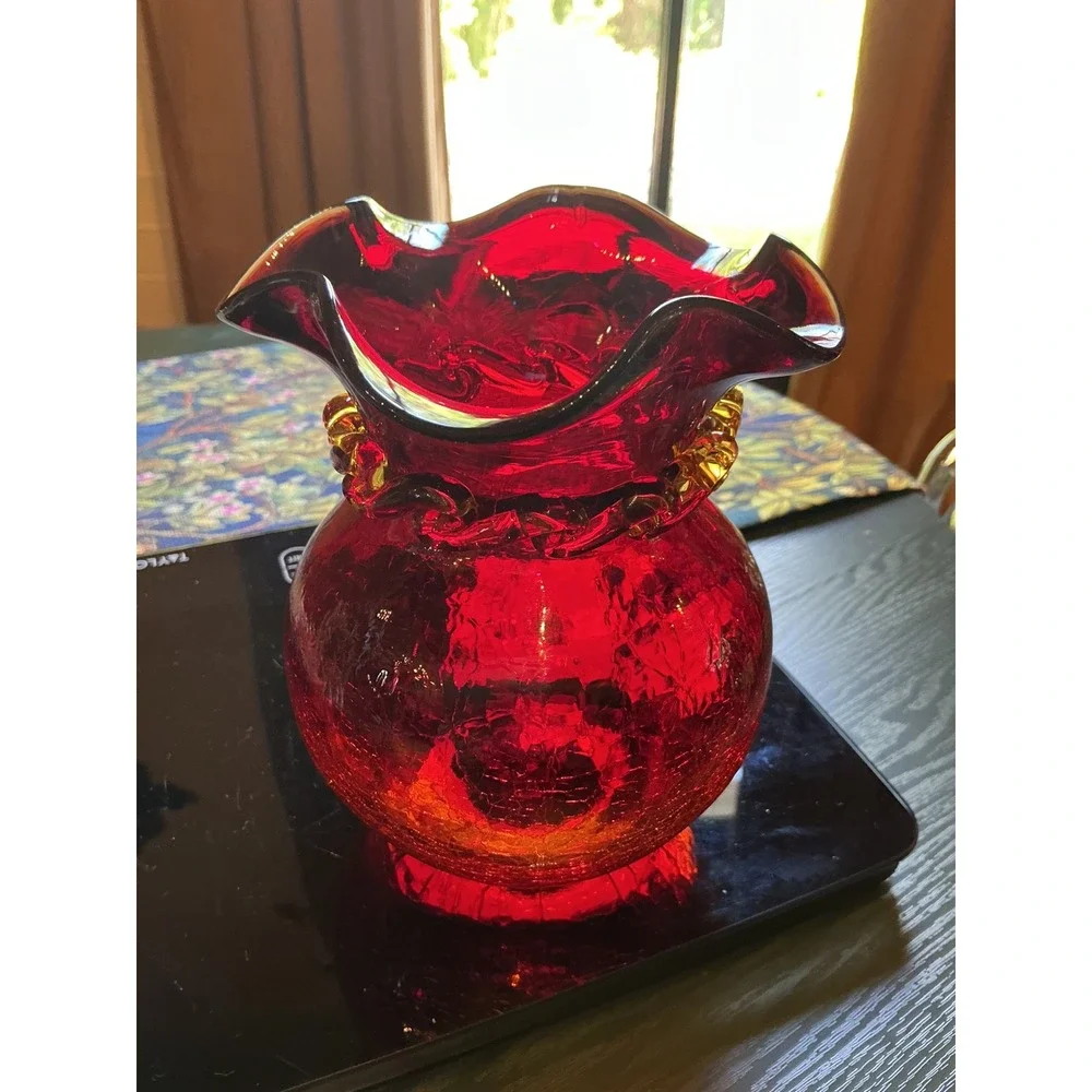 Vintage MCM Amberina Red Crackle Glass 6